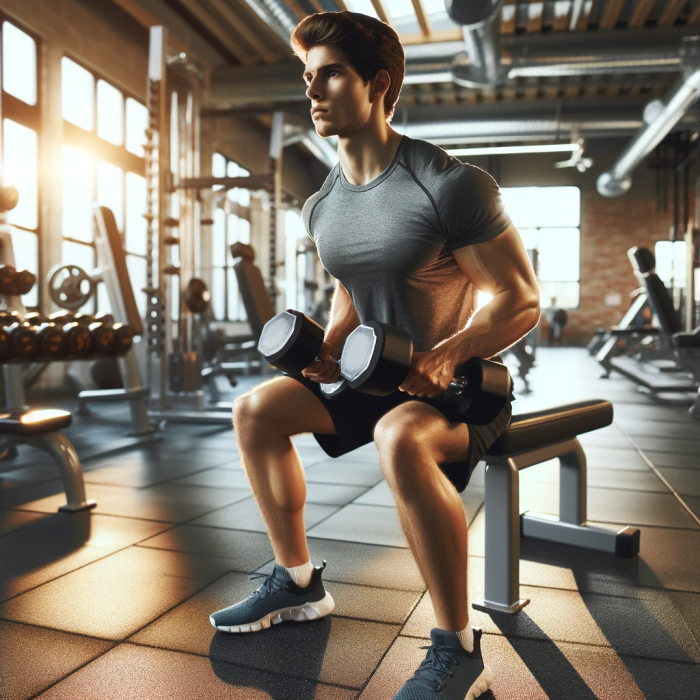 DALL·E 2024-01-23 22.36.23 - An image of a person exercising with dumbbells in a gym setting. The person is focused and determined, in the midst of a strength training routine. Th