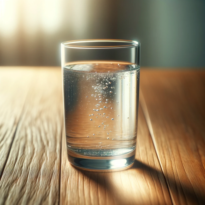 DALL·E 2024-01-26 00.37.34 - A photograph of a glass filled with clear water, placed on a wooden table. The glass is transparent, showing the water level slightly above the halfwa
